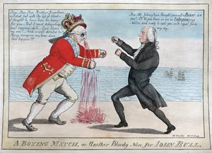 Um jogo de boxe ou outro nariz sangrento para John Bull, pub. 1813 (gravura colorida à mão)